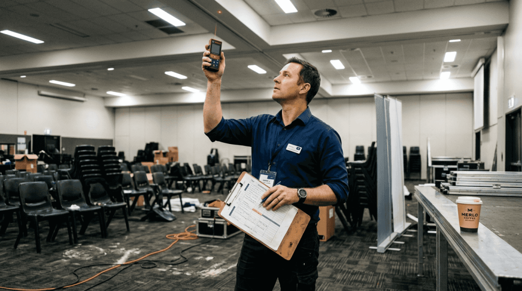 Event planner assessing venue for visuals