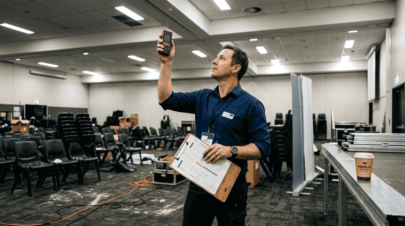 Event planner assessing venue for visuals