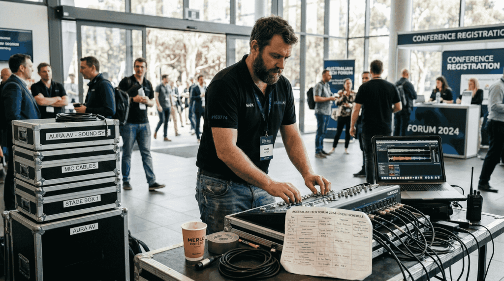 AV technician working at corporate event foyer