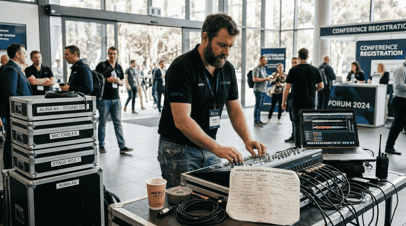 AV technician working at corporate event foyer