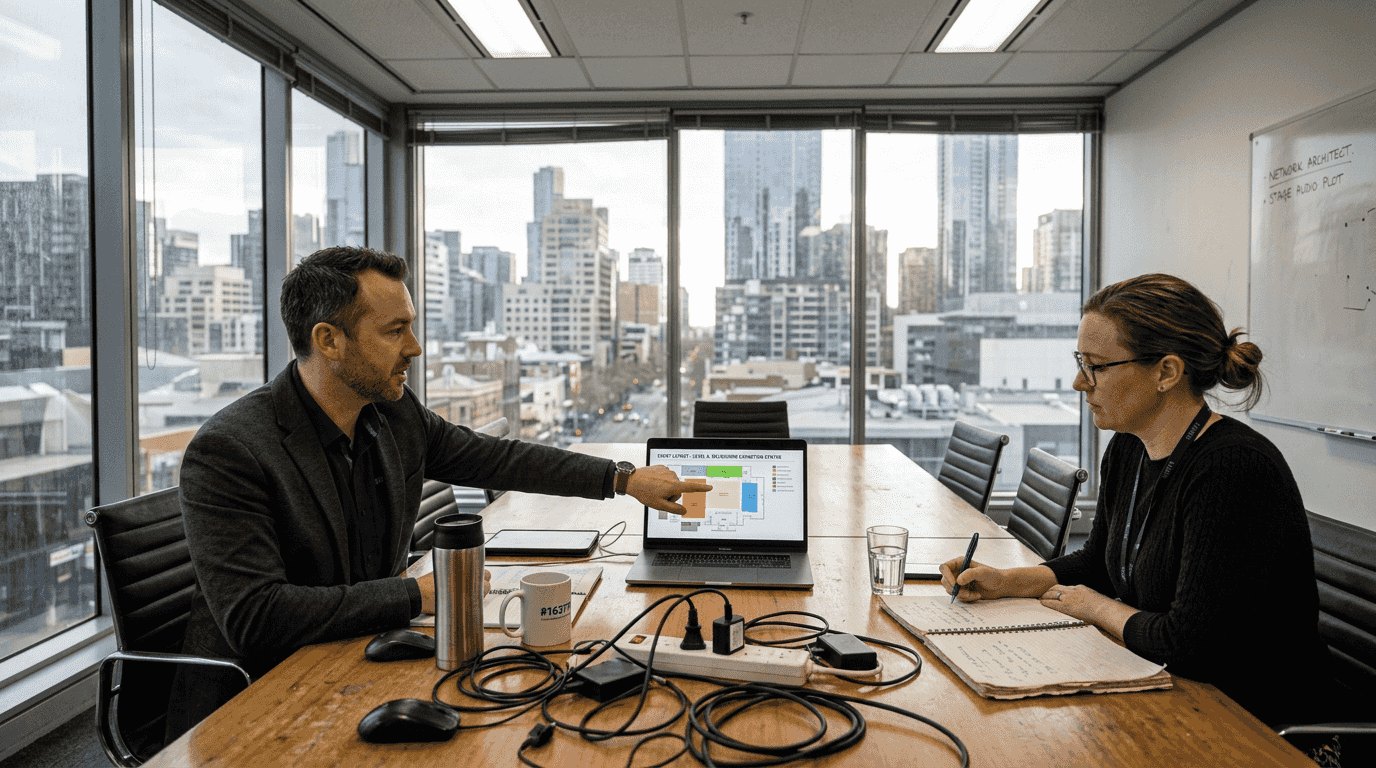 Consultant and planner reviewing AV event plans