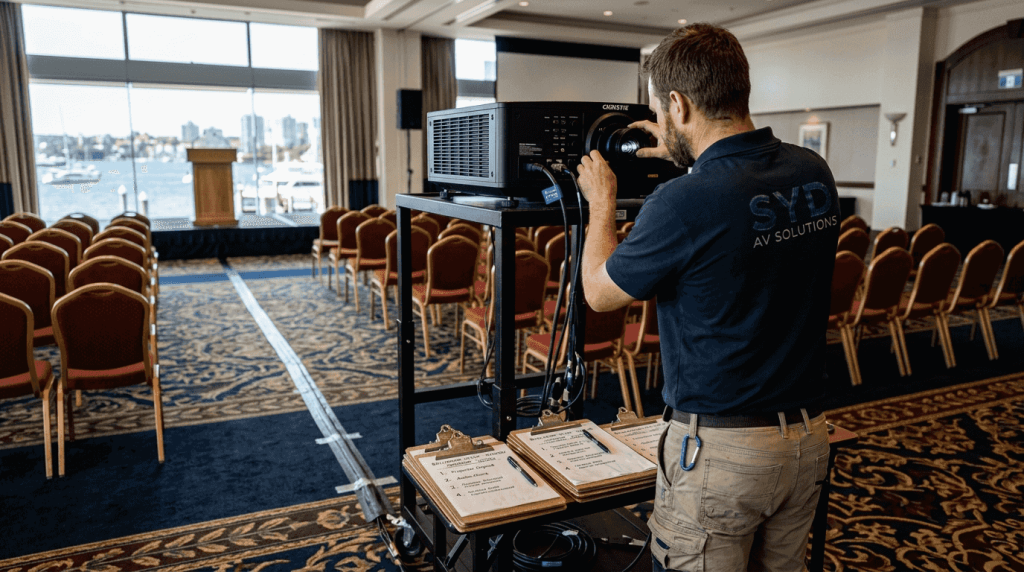 Technician customising AV setup at event venue