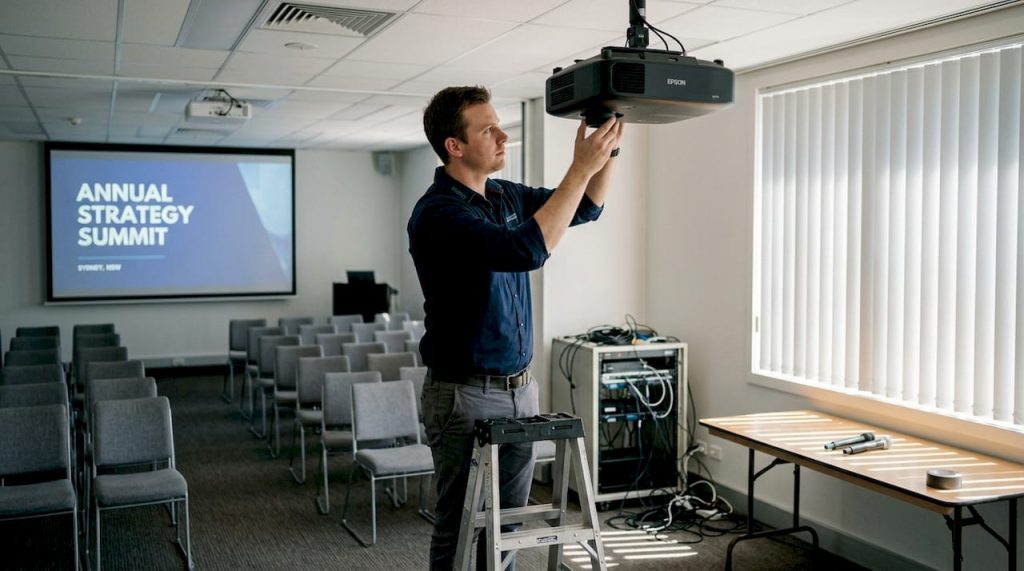 Technician setting up corporate AV integration
