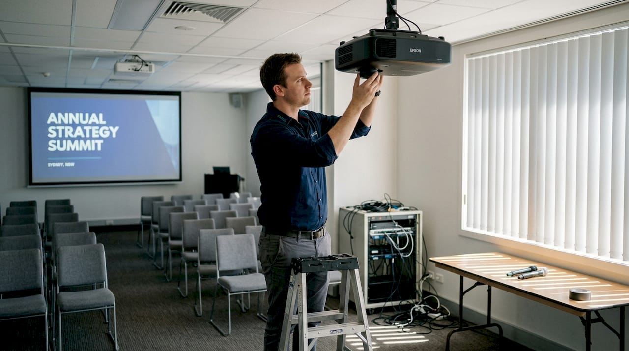 Technician setting up corporate AV integration