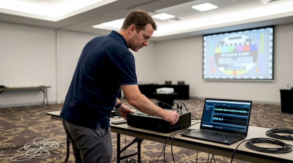 AV technician preparing event audio system