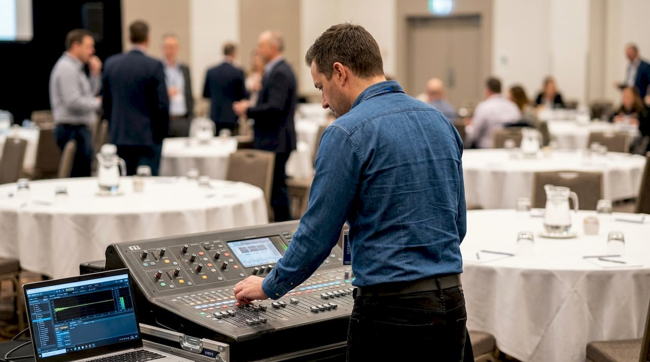 Sound engineer adjusting event audio mixer desk