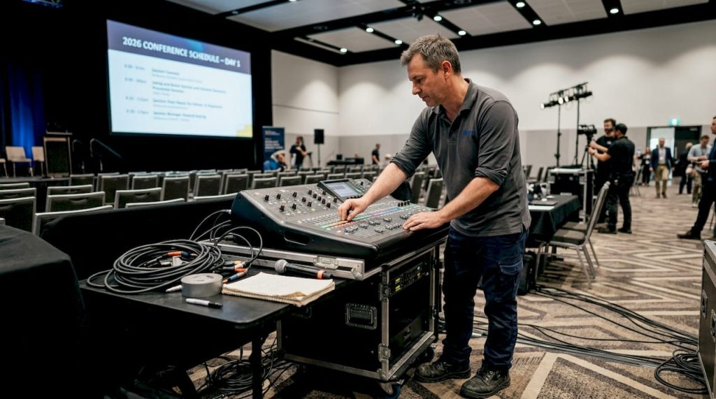 AV technician setting up mixing console