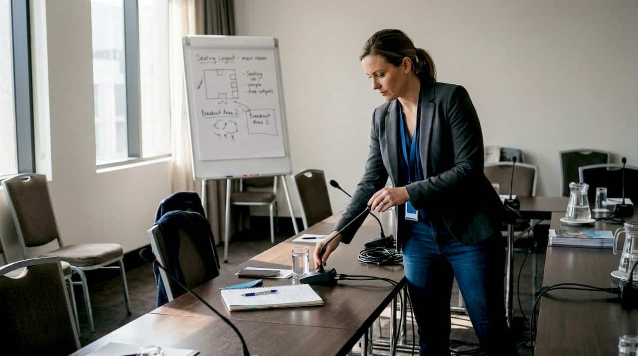 Event planner checking conference microphone system