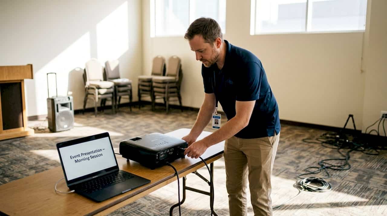 AV technician setting up conference room