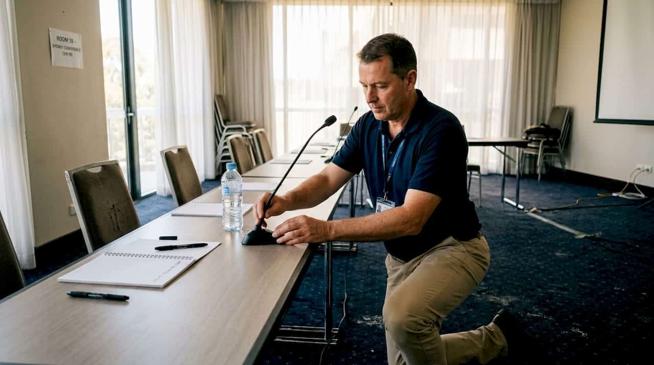 Technician adjusts conference microphone in meeting room