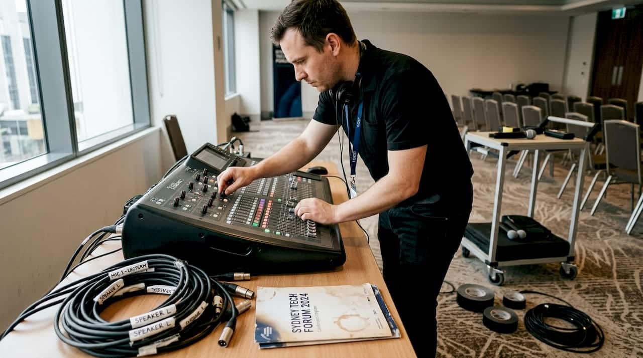 AV technician adjusting conference sound desk